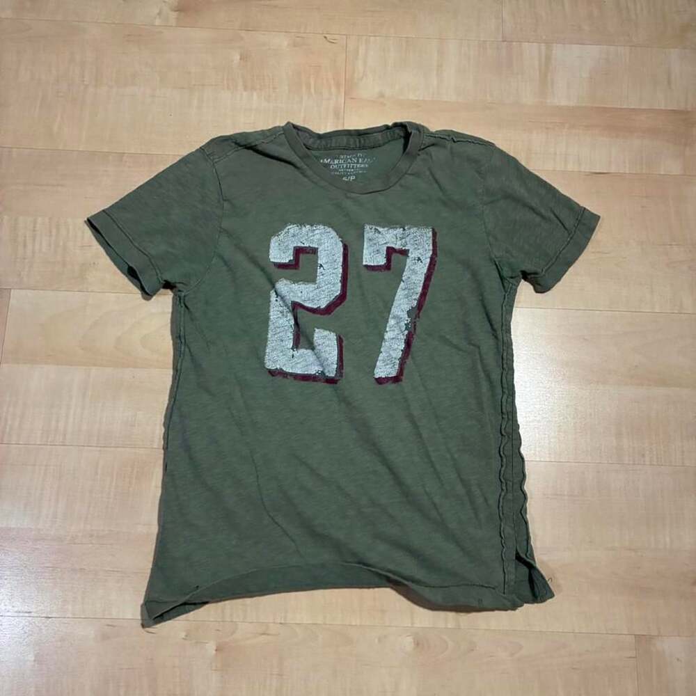 American Eagle 27 Graphic T Shirt Size S Olive Green Vintage Fit